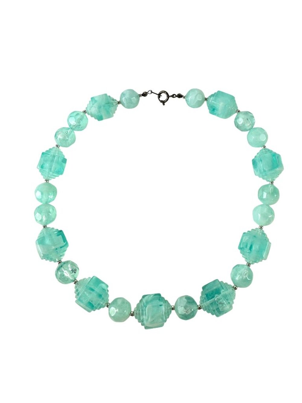 Vintage Aqua Blue Beaded Necklace With Geometric Cubes & Spheres